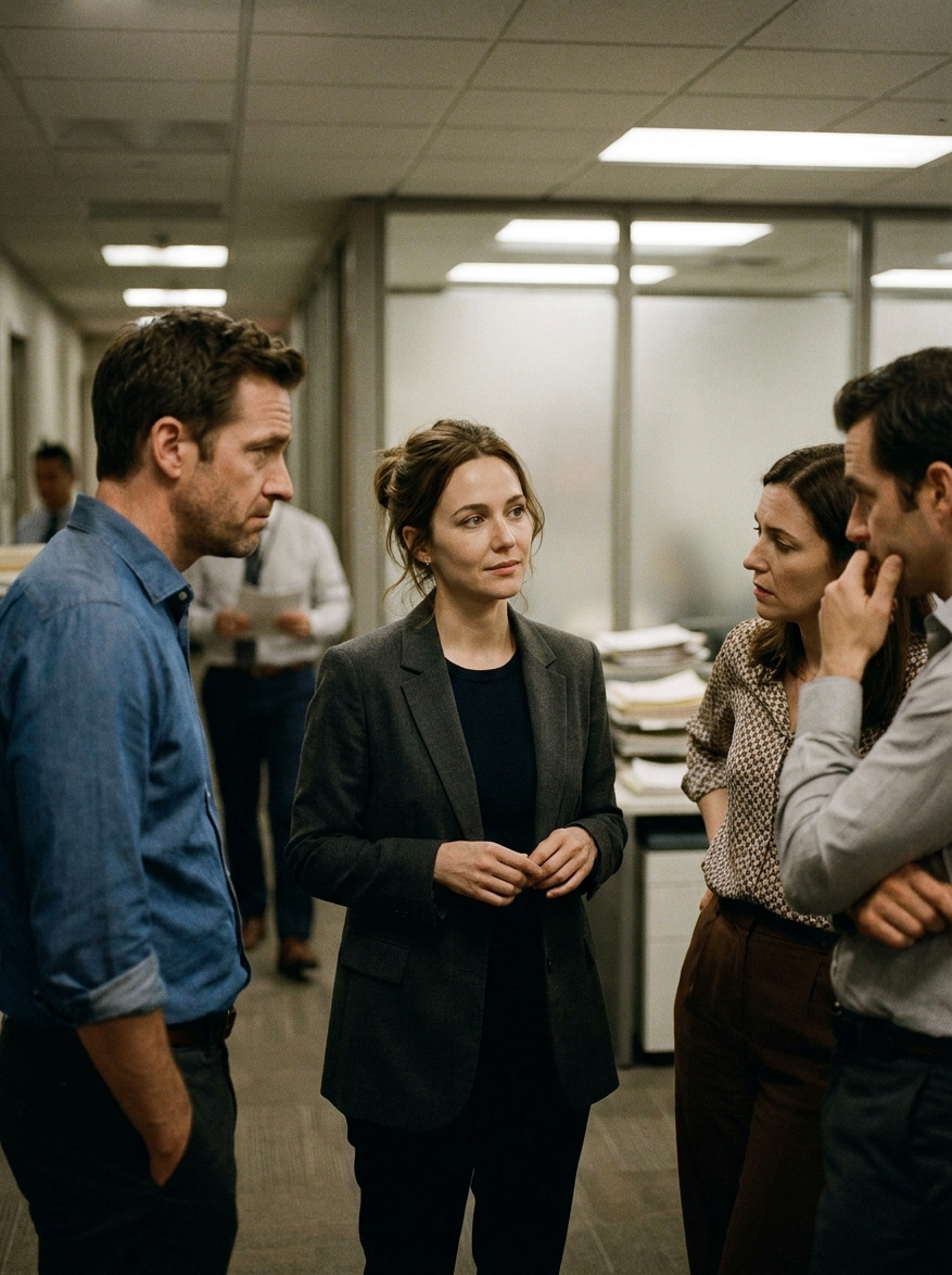 Three people standing and talking in an office hallway or meeting space, with a woman in a black blazer at the center and two men on either side. Office furniture, papers, and fluorescent lighting are visible in the background.